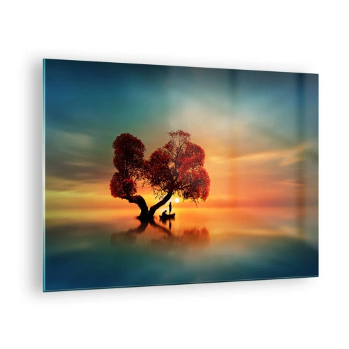Obraz na szkle - Drzewo z czerwonymi liśćmi na tle zachodu słońca - 70x50cm - Oddaleńcy i ciszyzna bezświata - Nowoczesna dekoracja ścienna do salonu i sypialni ARTTOR
