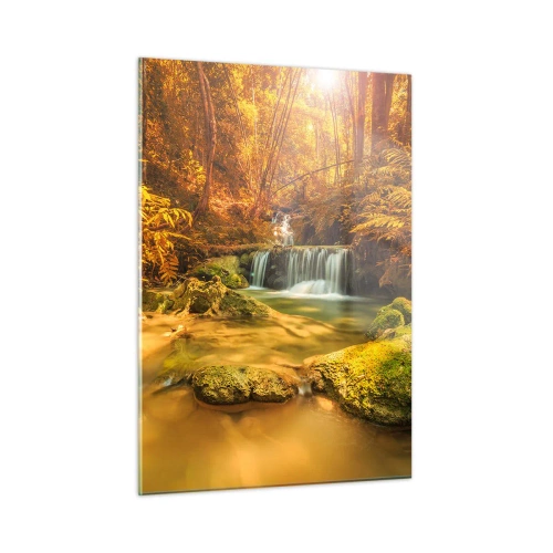 Obraz na szkle - Leśna kaskada w złocie - 50x70cm - Leśna kaskada w złocie - Nowoczesna dekoracja ścienna do salonu, kuchni i sypialni ARTTOR