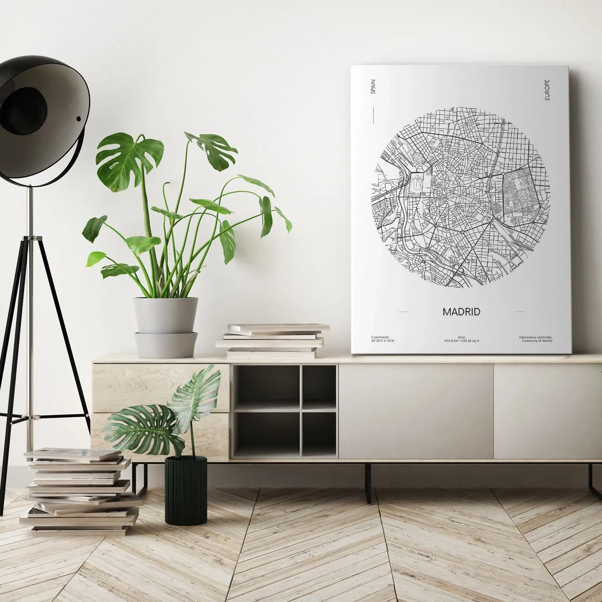 Obraz na płótnie - Mapa Madrytu w minimalistycznym, czarno-białym stylu - 70x100cm - Anatomia Madrytu - Nowoczesna dekoracja ścienna do salonu i sypialni ARTTOR