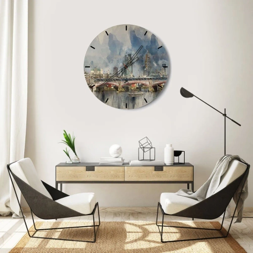 Zegar ścienny - Most i panorama Londynu w stylu akwareli - 30x30cm - Londyn w całej okazałości - Nowoczesna dekoracja ścienna do salonu, kuchni i sypialni ARTTOR