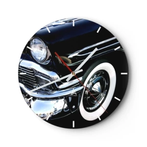 Zegar ścienny - Błyszczące czarne auto retro w stylu klasycznym - 30x30cm - Klasyka w srebrze, czerni i bieli - Nowoczesna dekoracja ścienna do salonu, kuchni i sypialni ARTTOR