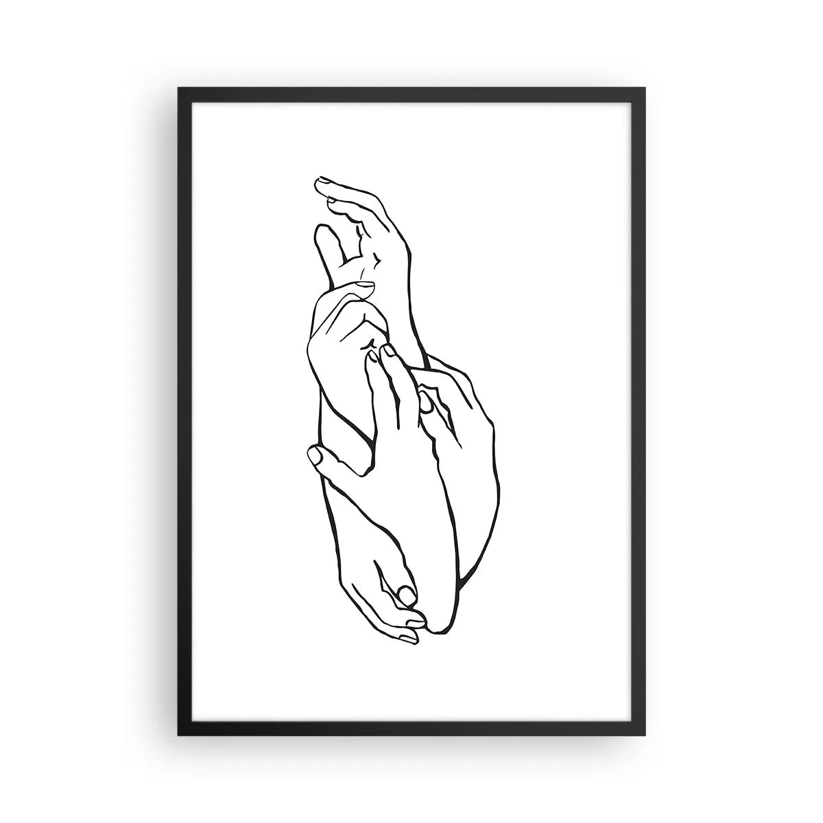 Plakat w czarnej ramie - Minimalistyczny szkic splecionych dłoni na białym tle - 50x70cm - Dobry dotyk - Nowoczesna dekoracja ścienna do salonu i sypialni ARTTOR