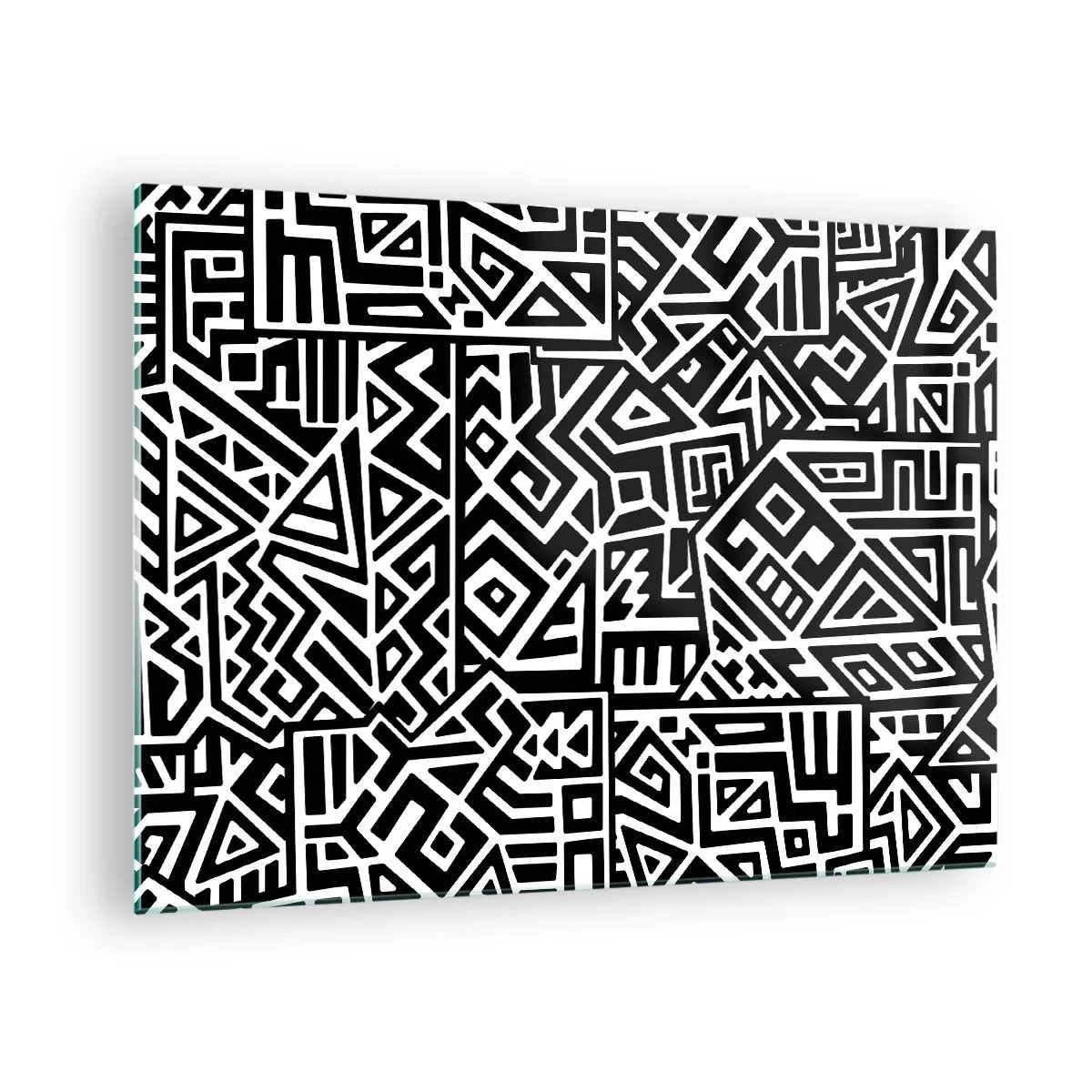 Obraz na szkle - Czarno-biały wzór inspirowany sztuką plemienną - 70x50cm - Kompozycja prekolumbijska - Nowoczesna dekoracja ścienna do salonu i sypialni ARTTOR