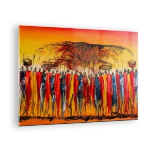Obraz na szkle - Barwna scena z ludźmi w tradycyjnych afrykańskich strojach - 70x50cm - Tam, tam, tam tam idą - Nowoczesna dekoracja ścienna do salonu i sypialni ARTTOR