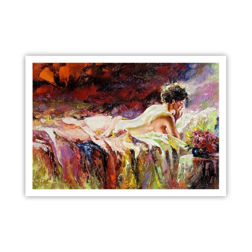 Plakat - Kobieta na tle abstrakcyjnych kolorów leżąca na łóżku - 100x70cm - Zamyślona Wenus - Nowoczesna dekoracja ścienna do salonu i sypialni ARTTOR