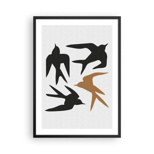 Plakat w czarnej ramie - Stylizowane sylwetki jaskółek na jasnym tle - 50x70cm - Jaskółcze zabawy - Nowoczesna dekoracja ścienna do salonu i sypialni ARTTOR