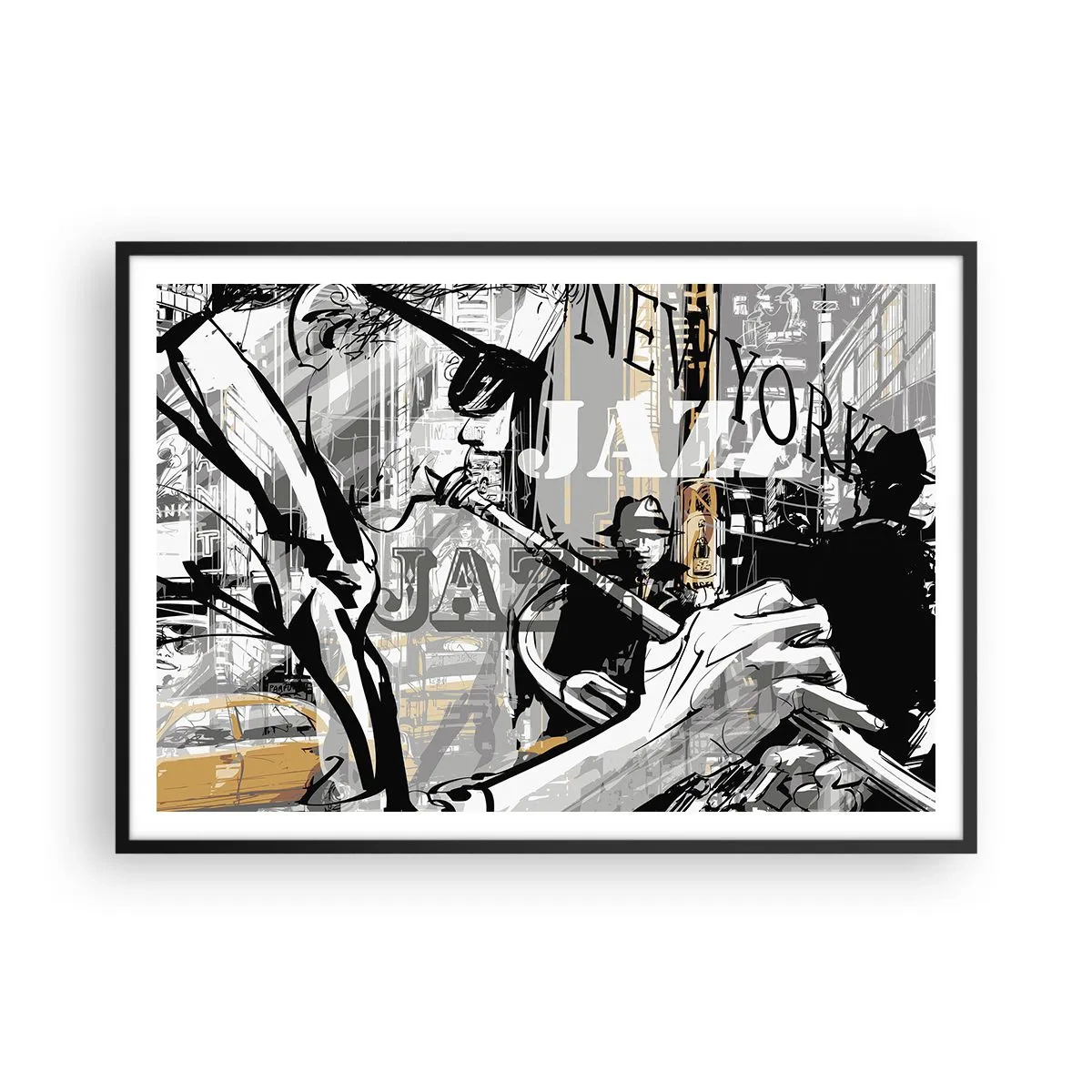 Plakat w czarnej ramie - Jazzowa scena w Nowym Jorku - 100x70cm - W rytmie Nowego Jorku - Nowoczesna dekoracja ścienna do salonu i sypialni ARTTOR