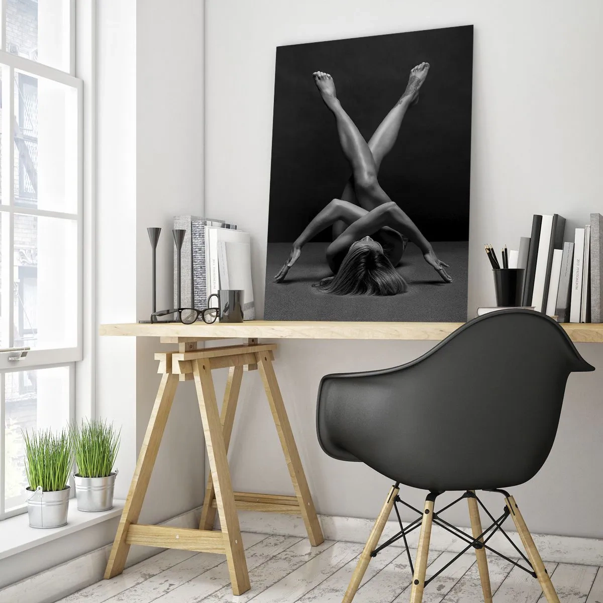 Obraz na szkle - Akt kobiecy w geometrycznej kompozycji ciała - 50x70cm - Geometria nagości - Nowoczesna dekoracja ścienna do salonu, kuchni i sypialni ARTTOR
