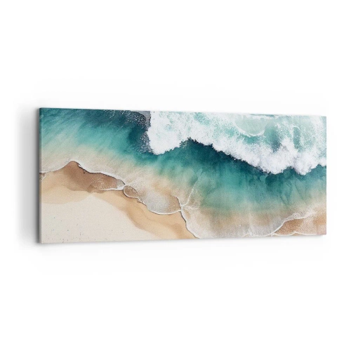 Obraz na płótnie - Widok na plażę i fale morskie w odcieniach turkusu - 120x50cm - Odwieczne spotkanie - Nowoczesna dekoracja ścienna do salonu i sypialni ARTTOR