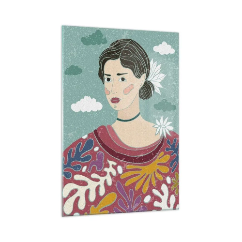 Obraz na szkle - Portret kobiety w artystycznym stylu z florystycznymi wzorami na tle chmur - 70x100cm - Z melancholią w spojrzeniu - Nowoczesna dekoracja ścienna do salonu i sypialni ARTTOR