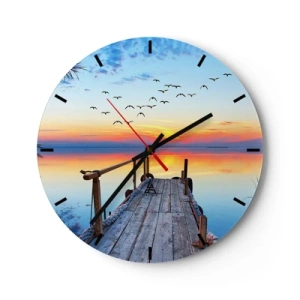 Zegar ścienny - Pomost na jeziorze w promieniach zachodzącego słońca - 30x30cm - Pora wracać… - Nowoczesna dekoracja ścienna do salonu, kuchni i sypialni ARTTOR