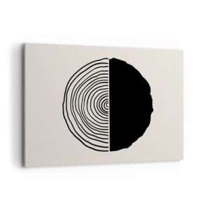 Obraz na płótnie - Abstrakcyjny czarno-biały motyw inspirowany przekrojem drewna z geometrycznym podziałem - 100x70cm - Pół na pół - Nowoczesna dekoracja ścienna do salonu, kuchni i sypialni ARTTOR