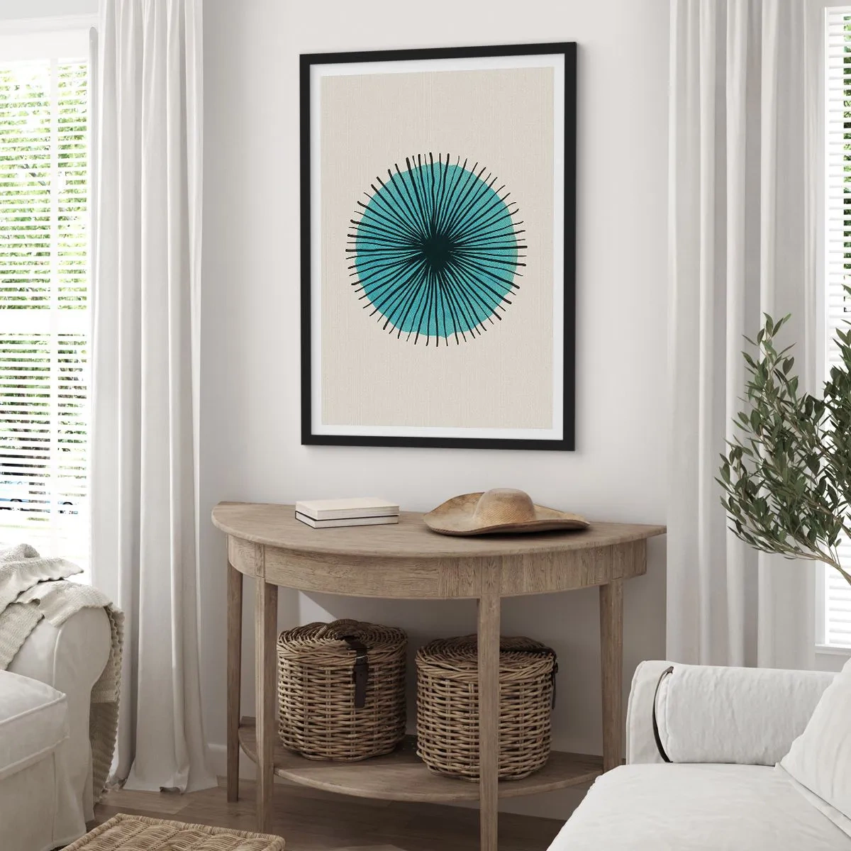 Plakat w czarnej ramie - Geometryczny wzór w formie promienistego okręgu - 50x70cm - Promieniście na błękicie - Nowoczesna dekoracja ścienna do salonu i sypialni ARTTOR