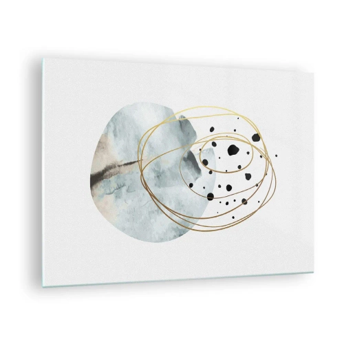 Obraz na szkle - Abstrakcyjna kompozycja z błękitną plamą i złotymi liniami - 70x50cm - W objęciach przestrzeni - Nowoczesna dekoracja ścienna do salonu i sypialni ARTTOR
