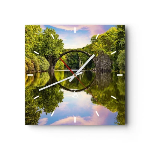 Zegar ścienny - Kamienny most nad rzeką z perfekcyjnym odbiciem w wodzie - 30x30cm - Na styku dwóch światów - Nowoczesna dekoracja ścienna do salonu i sypialni ARTTOR