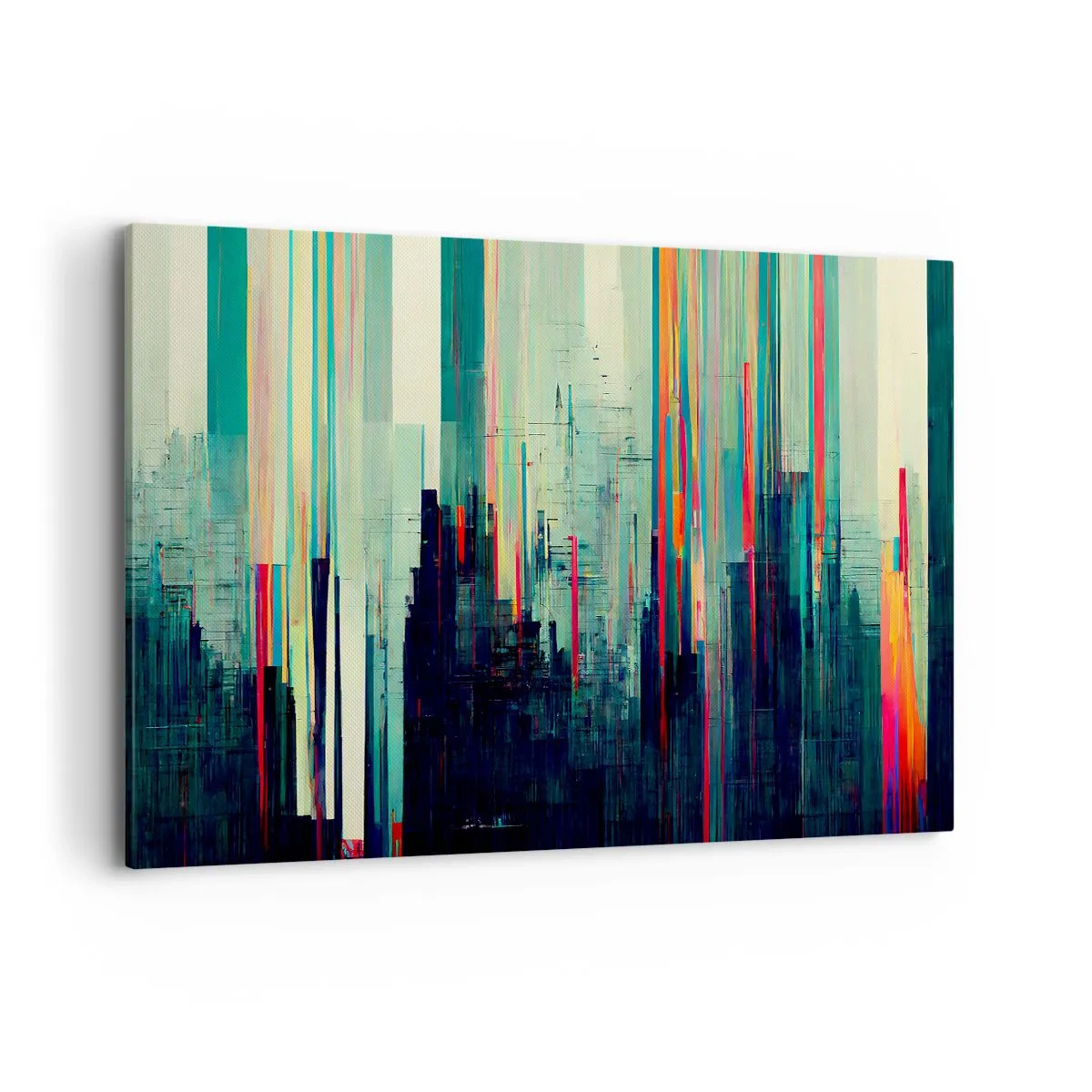Obraz na płótnie - Abstrakcja z pionowymi liniami i miejską panoramą - 120x80cm - Futurystyczne miasto - Nowoczesna dekoracja ścienna do salonu, kuchni i sypialni ARTTOR