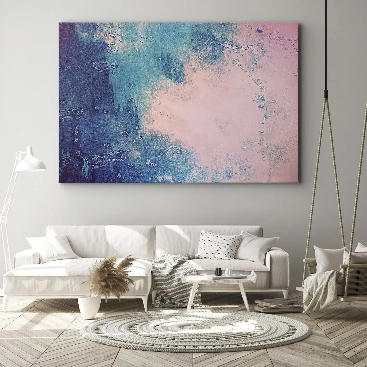 Obraz na płótnie - Abstrakcyjna tekstura w odcieniach różu i niebieskiego - 70x50cm - Błękitne objęcia - Nowoczesna dekoracja ścienna do salonu i sypialni ARTTOR