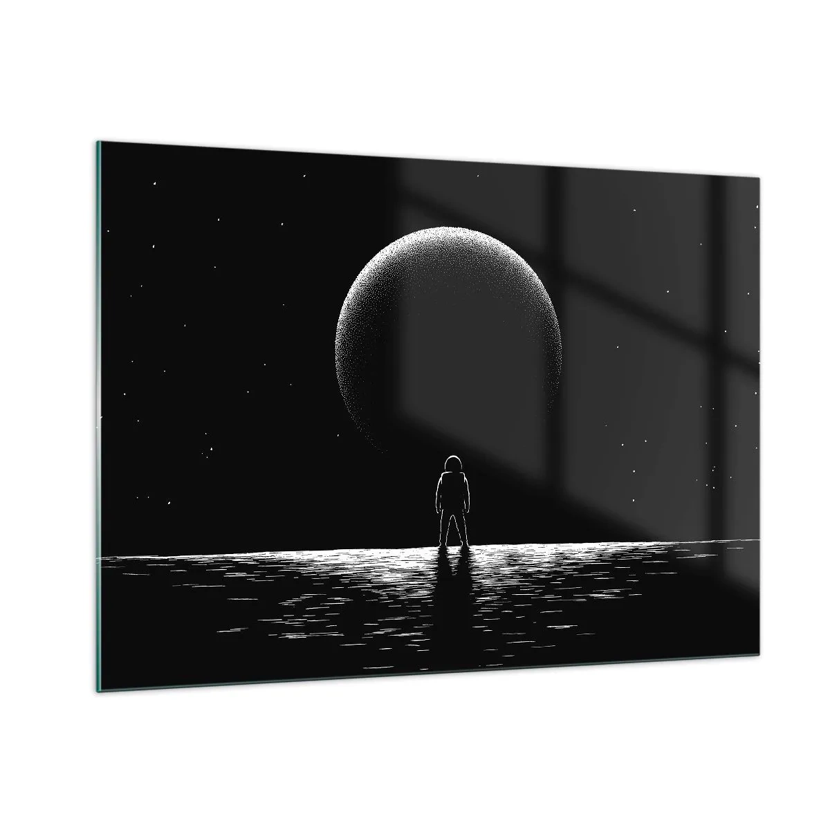 Obraz na szkle - Astronauta stojący naprzeciw planety w czerni i bieli - 100x70cm - Twarzą w twarz - Nowoczesna dekoracja ścienna do salonu, kuchni i sypialni ARTTOR