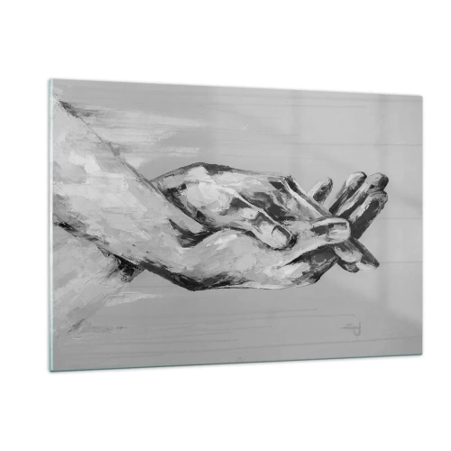 Obraz na szkle - Black and white painting of two hands reaching for each other - 120x80cm - Początek… - Nowoczesna dekoracja ścienna do salonu, kuchni i sypialni ARTTOR