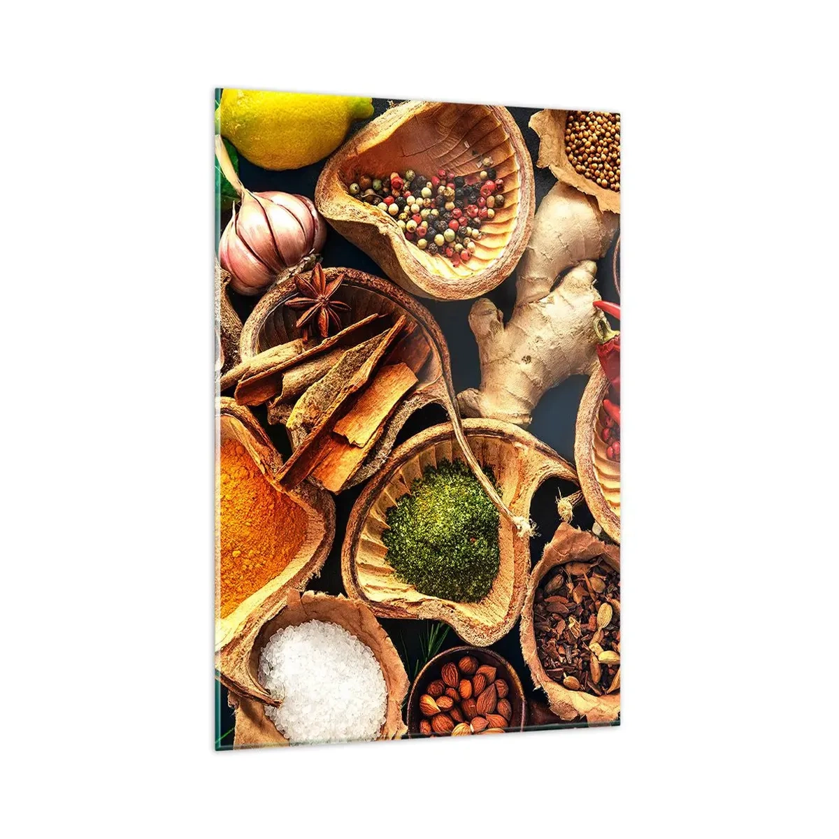 Obraz na szkle - Miseczki z przyprawami w różnych kolorach - 80x120cm - Bierz, co chcesz - Nowoczesna dekoracja ścienna do salonu i sypialni ARTTOR