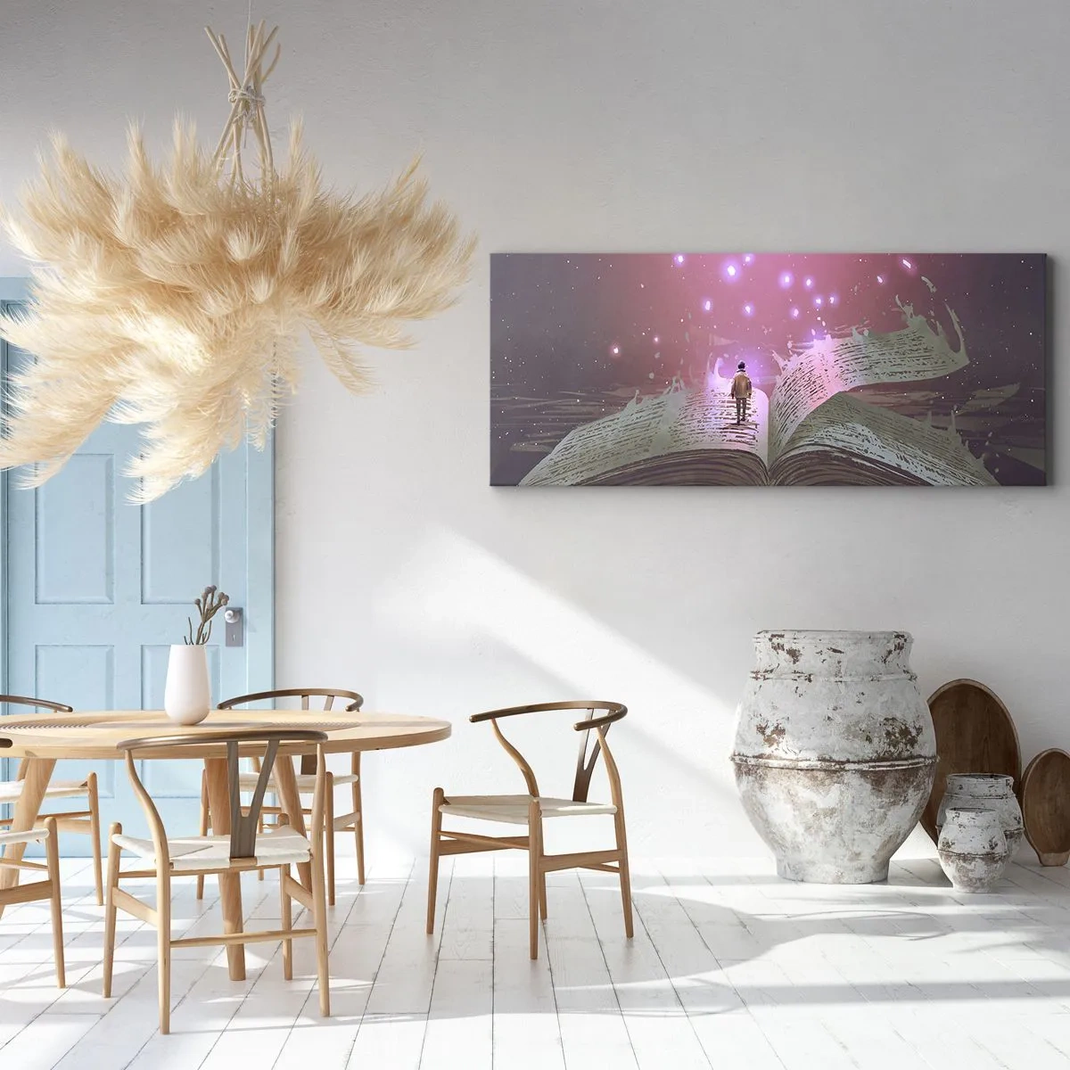 Obraz na płótnie - Postać wchodząca na otwartą książkę w magicznym świetle - 120x50cm - Zaproszenie do innego świata - przeczytaj! - Nowoczesna dekoracja ścienna do salonu i sypialni ARTTOR