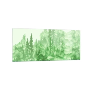 Obraz na szkle - Zielony las w stylu akwareli na jasnym tle - 120x50cm - Rozmyty zieloną mgłą - Nowoczesna dekoracja ścienna do salonu i sypialni ARTTOR