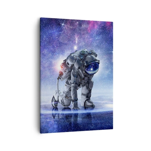 Obraz na płótnie - Astronauta w skafandrze klęczący na powierzchni planety z kosmicznym tłem - 50x70cm - Niebo gwiaździste nade mną - Nowoczesna dekoracja ścienna do salonu, kuchni i sypialni ARTTOR