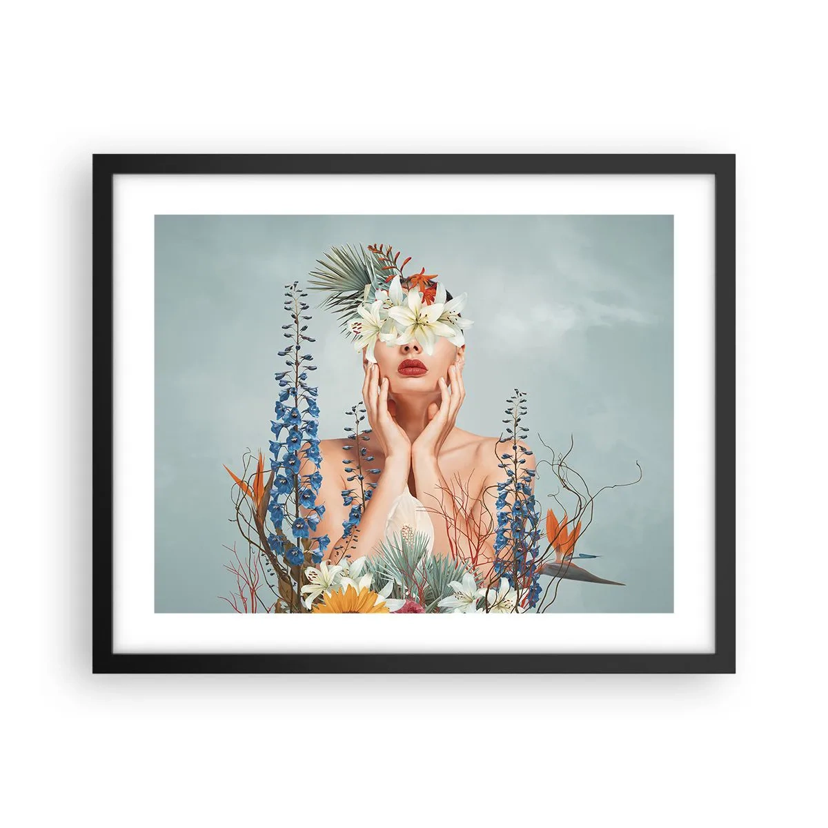 Plakat w czarnej ramie - Kobieta – kwiat - 50x40 cm