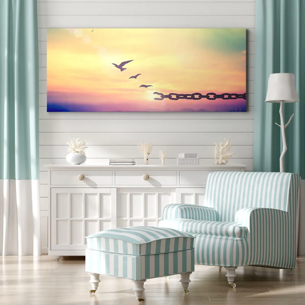 Obraz na płótnie - Symbol wolności z ptakami i zerwanym łańcuchem - 140x50cm - Zwycięstwo wolności - Nowoczesna dekoracja ścienna do salonu i sypialni ARTTOR