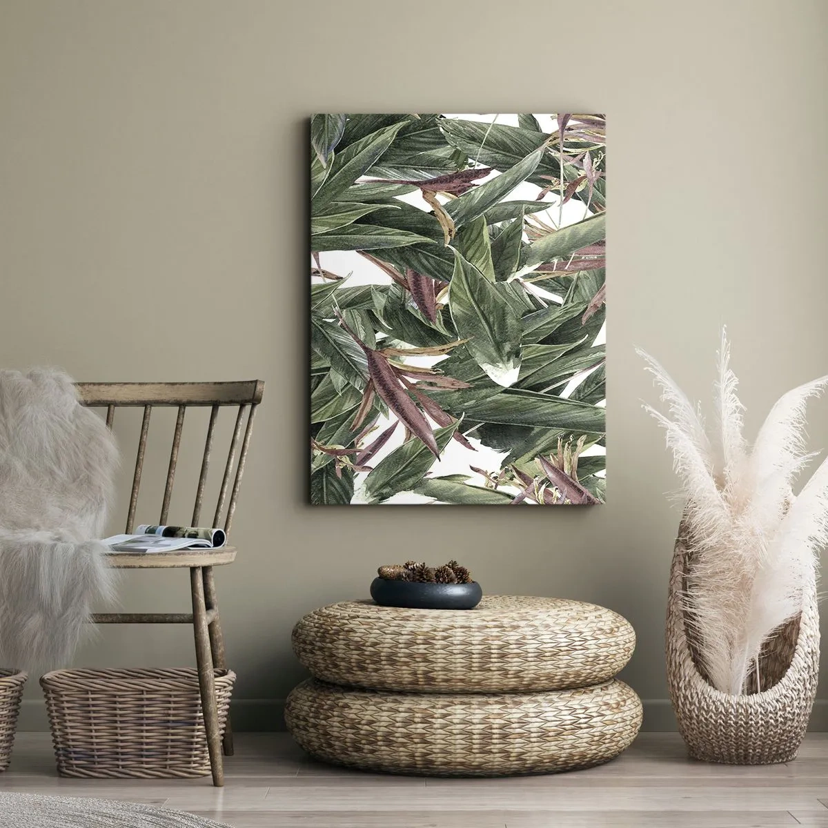 Obraz na płótnie - Dekoracyjny motyw liści w odcieniach zieleni i bordo na jasnym tle - 70x100cm - Szmaragdowo-liliowy gąszcz - Nowoczesna dekoracja ścienna do salonu i sypialni ARTTOR