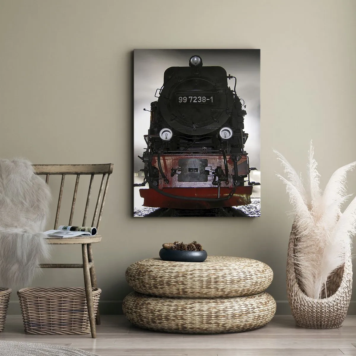 Obraz na płótnie - Czoło starej lokomotywy na wprost - 50x70cm - Stoi i sapie, dyszy i dmucha - Nowoczesna dekoracja ścienna do salonu, kuchni i sypialni ARTTOR