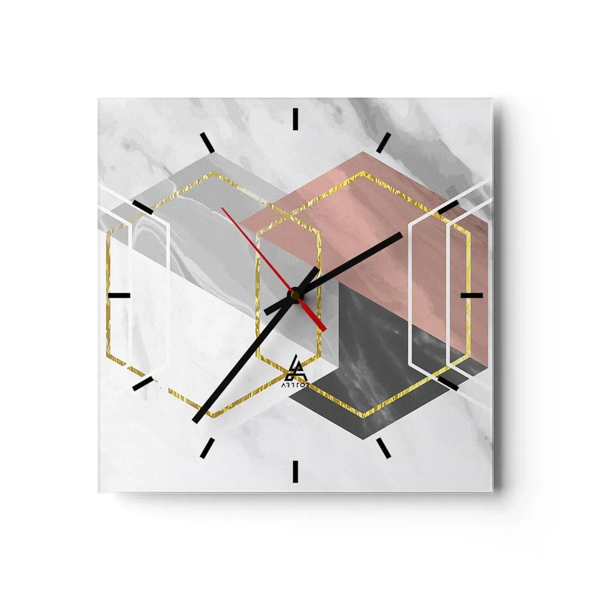 Zegar ścienny - Geometryczne figury z akcentami złota i marmuru - 30x30cm - Kompozycja łańcuchowa - Nowoczesna dekoracja ścienna do salonu i sypialni ARTTOR