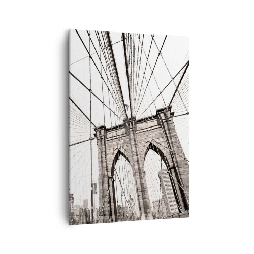 Obraz na płótnie - Most Brooklyn w monochromatycznym ujęciu - 70x100cm - Nowojorska katedra - Nowoczesna dekoracja ścienna do salonu i sypialni ARTTOR