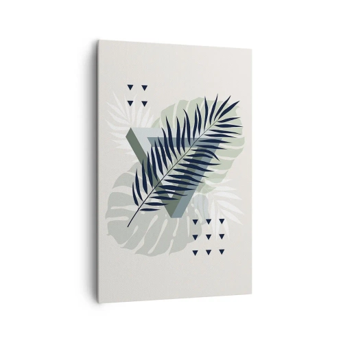 Obraz na płótnie - Geometryczna kompozycja z tropikalnymi liśćmi w odcieniach zieleni - 80x120cm - Natura i geometria – dwa porządki? - Nowoczesna dekoracja ścienna do salonu i sypialni ARTTOR
