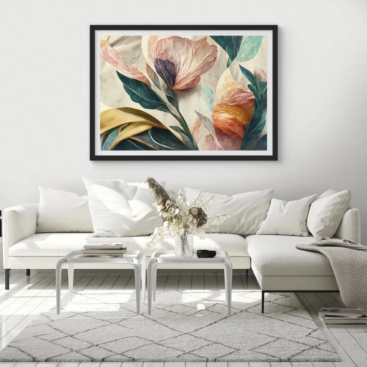 Plakat w czarnej ramie - Kolorowe kwiaty w tropikalnym stylu na jasnym tle - 70x50cm - Kwiaty wysp południowych - Nowoczesna dekoracja ścienna do salonu i sypialni ARTTOR