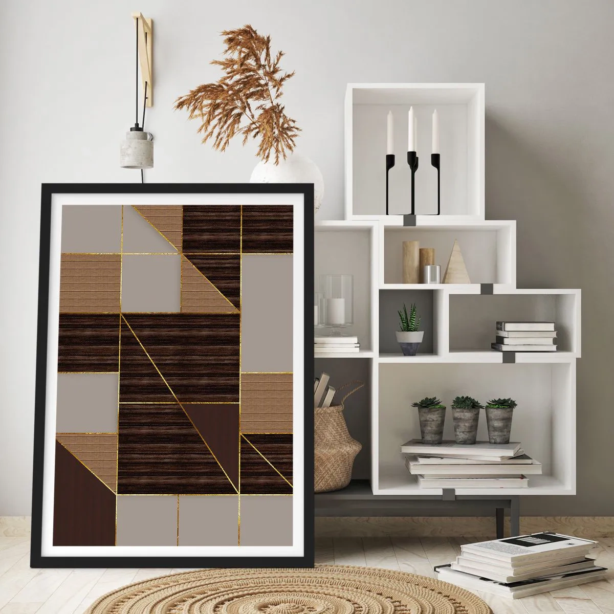 Plakat w czarnej ramie - Geometryczna kompozycja w brązowych i złotych odcieniach - 50x70cm - Mozaika brązów i złota - Nowoczesna dekoracja ścienna do salonu i sypialni ARTTOR