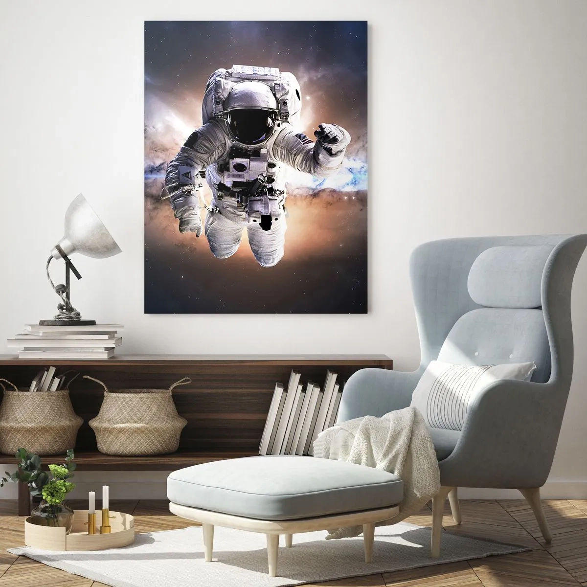 Obraz na szkle - Astronauta w przestrzeni kosmicznej - 80x120cm - Pozdrowienia z kosmosu - Nowoczesna dekoracja ścienna do salonu i sypialni ARTTOR