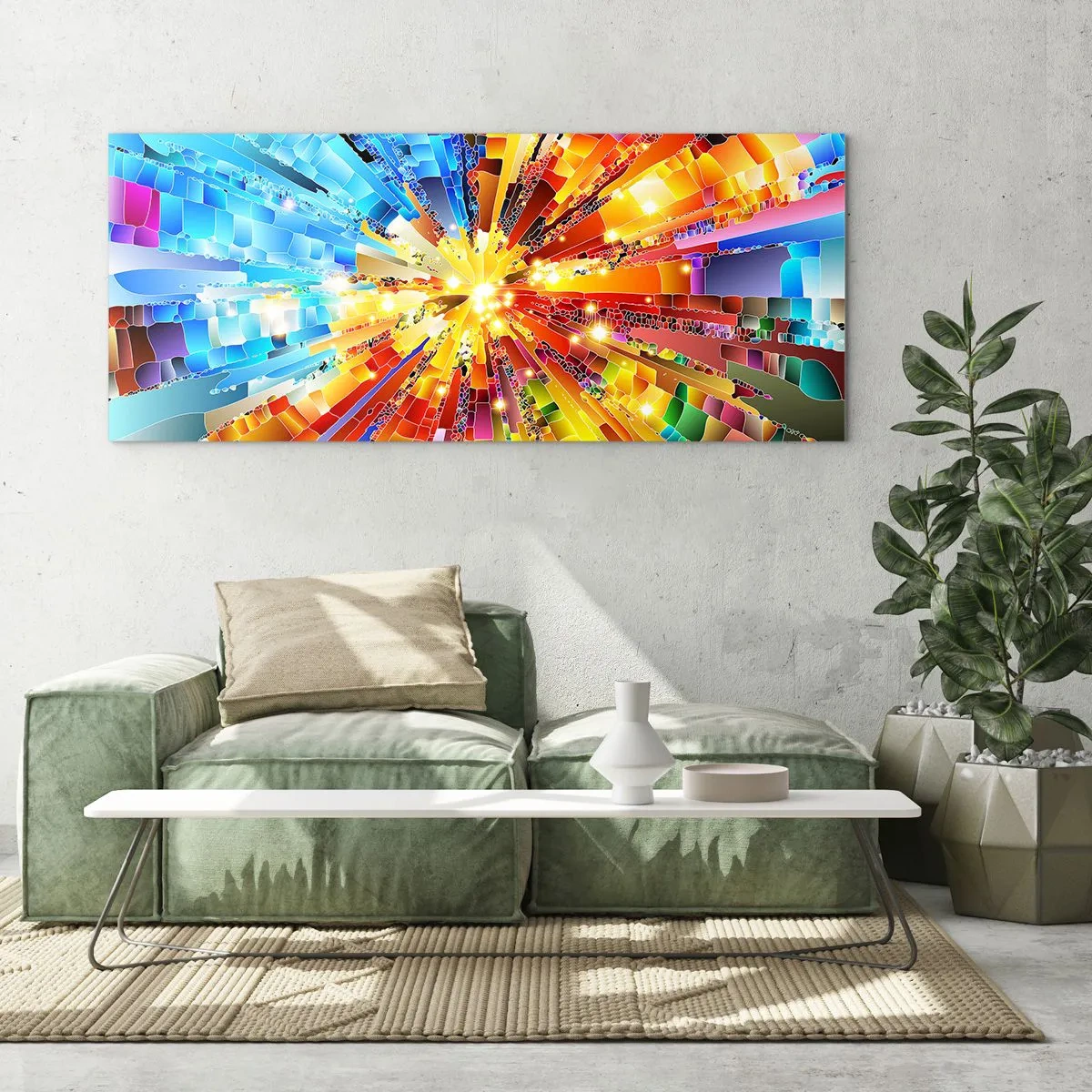Obraz na szkle - Dynamiczna eksplozja barw i światła - 120x50cm - In medias res - Nowoczesna dekoracja ścienna do salonu i sypialni ARTTOR