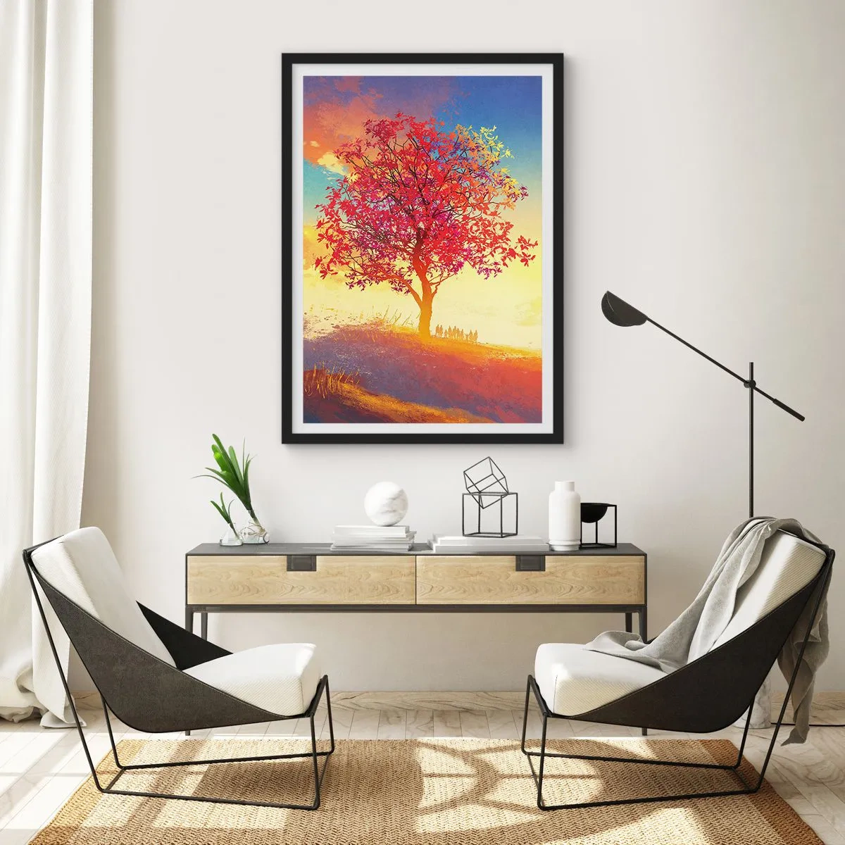 Plakat w czarnej ramie - Drzewo o czerwonych liściach na tle zachodzącego słońca - 50x70cm - Pielgrzym u celu - Nowoczesna dekoracja ścienna do salonu i sypialni ARTTOR