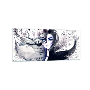 Obraz na szkle - Abstrakcyjna twarz z kontrastowymi elementami i motywem skrzydeł - 120x50cm - Demoniczna i piękna - Nowoczesna dekoracja ścienna do salonu i sypialni ARTTOR