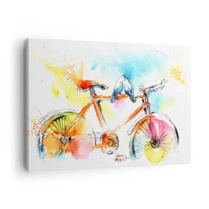 Obraz na płótnie - Kolorowa akwarela roweru z siedzącymi ptakami - 70x50cm - We dwoje na rowerze - Nowoczesna dekoracja ścienna do salonu i sypialni ARTTOR
