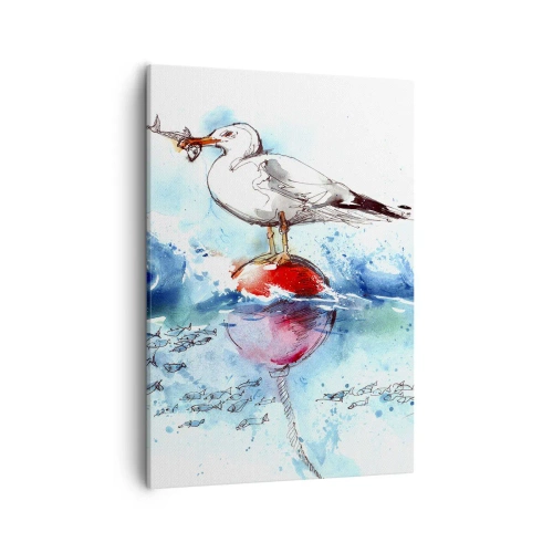 Obraz na płótnie - Akwarelowa mewa stojąca na boi z rybą w dziobie, otoczona błękitną wodą - 50x70cm - Udany połów - Nowoczesna dekoracja ścienna do salonu, kuchni i sypialni ARTTOR