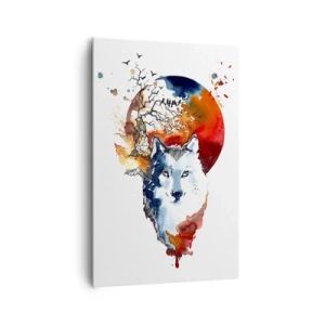 Obraz na płótnie - Abstrakcyjna akwarela wilka na tle czerwonego księżyca - 80x120cm - Nos w nos z nocą - Nowoczesna dekoracja ścienna do salonu i sypialni ARTTOR