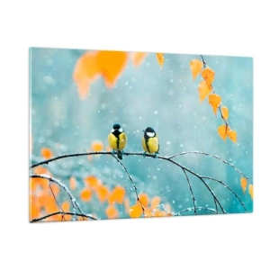 Obraz na szkle - Dwie sikorki siedzące na gałązce wśród opadających liści - 120x80cm - Ptasie plotki - Nowoczesna dekoracja ścienna do salonu, kuchni i sypialni ARTTOR