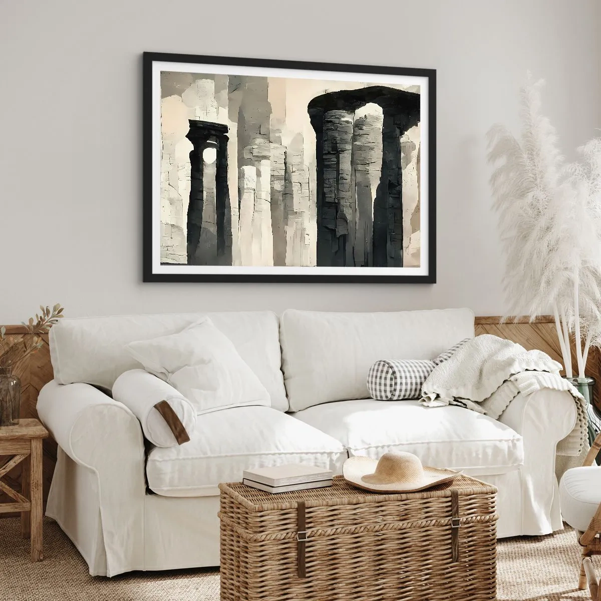 Plakat w czarnej ramie - Zabytkowe kolumny w klimatycznej monochromatycznej scenerii - 70x50cm - Majestat antyku - Nowoczesna dekoracja ścienna do salonu i sypialni ARTTOR