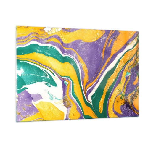 Obraz na szkle - Abstrakcyjny wzór z falami w żółci, fiolecie i zieleni - 120x80cm - Fale barw - Nowoczesna dekoracja ścienna do salonu, kuchni i sypialni ARTTOR