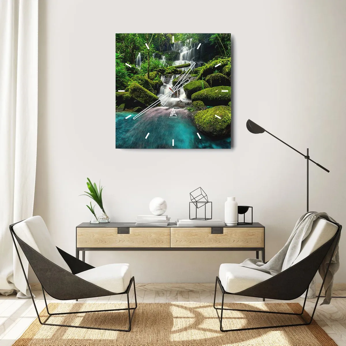 Zegar ścienny - Tropikalny wodospad otoczony zielenią i turkusową wodą - 30x30cm - Turkus, szafiry i płynne srebro - Nowoczesna dekoracja ścienna do salonu i sypialni ARTTOR