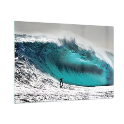 Obraz na szkle - Surfer przed olbrzymią falą - 100x70cm - Wyzwanie przyjęte - Nowoczesna dekoracja ścienna do salonu, kuchni i sypialni ARTTOR