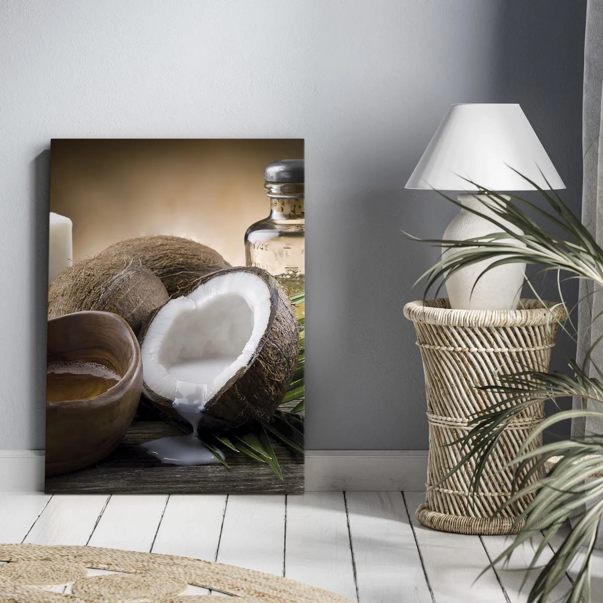 Obraz na płótnie - Kokosy, świeca i olejek na drewnianym tle - 70x100cm - Zdrowie z tropikalnych wysp - Nowoczesna dekoracja ścienna do salonu i sypialni ARTTOR