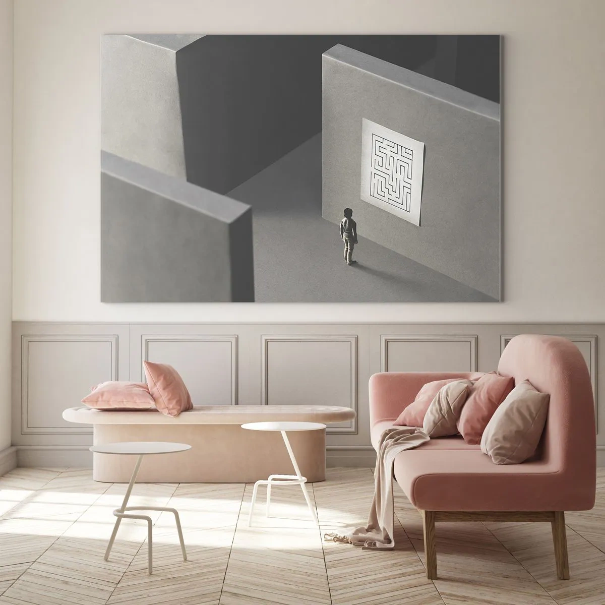 Obraz na szkle - Dziecko w labiryncie z symbolem zagadki - 70x50cm - Ale gdzie jestem? - Nowoczesna dekoracja ścienna do salonu i sypialni ARTTOR